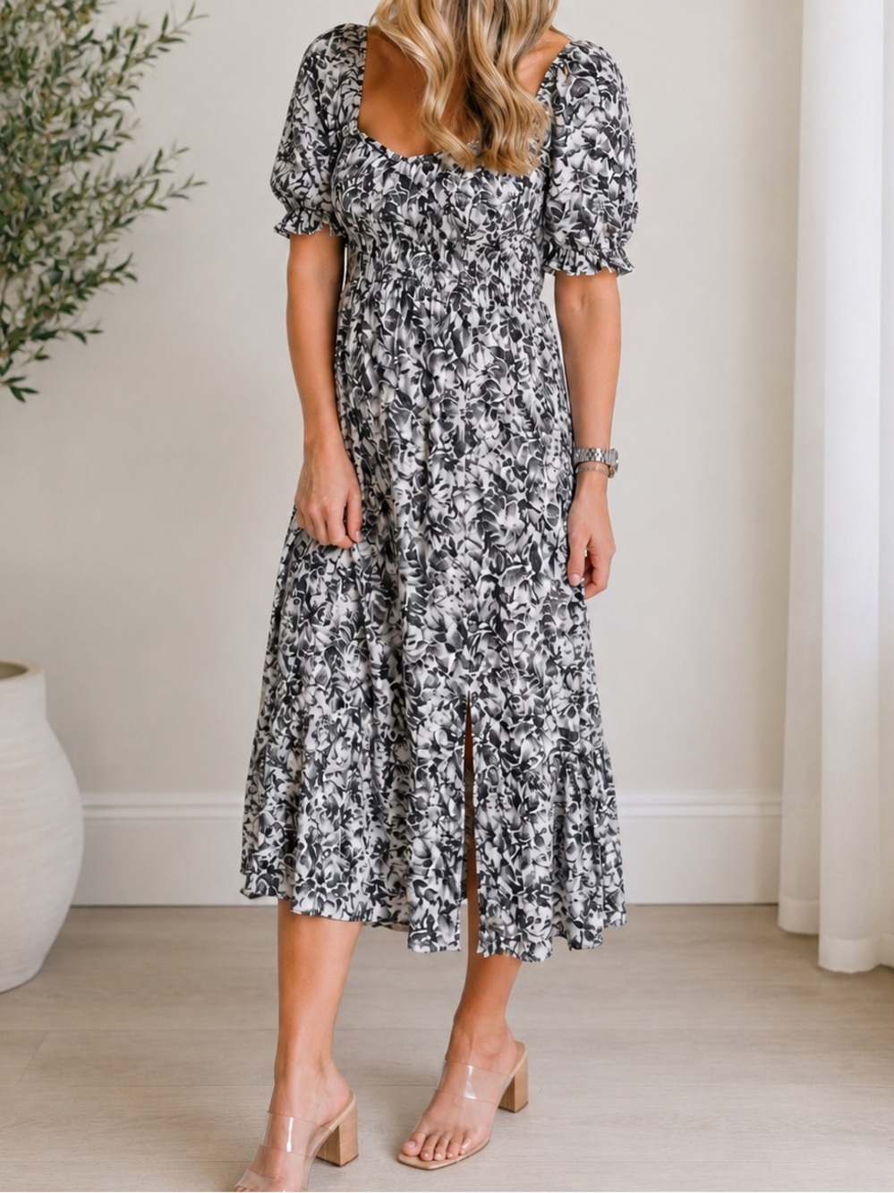 Abercrombie & Fitch Blue Floral Puff-Sleeve Midi Dress